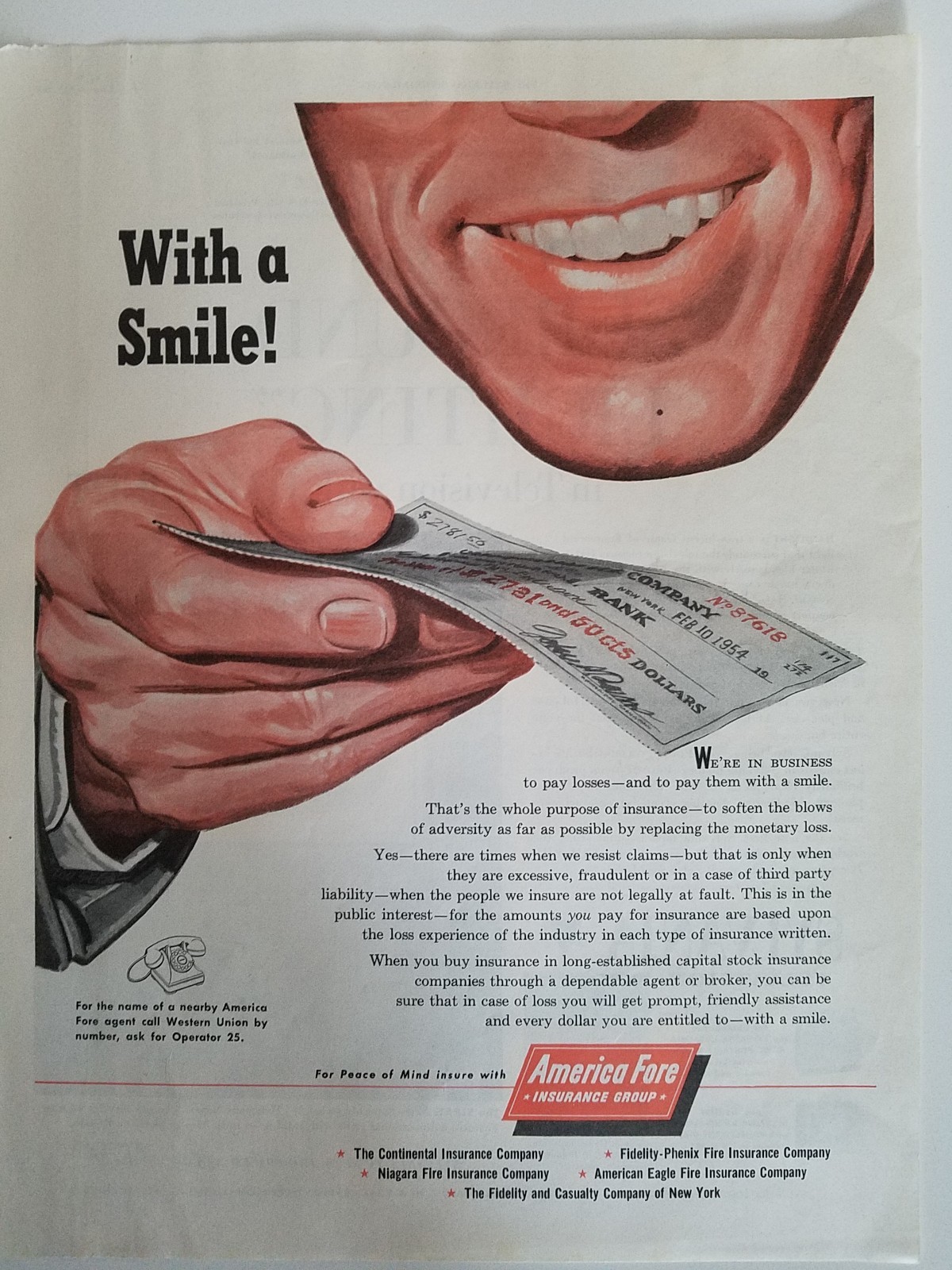 1954 America fore loyalty Insurance Group with a smile vintage ad