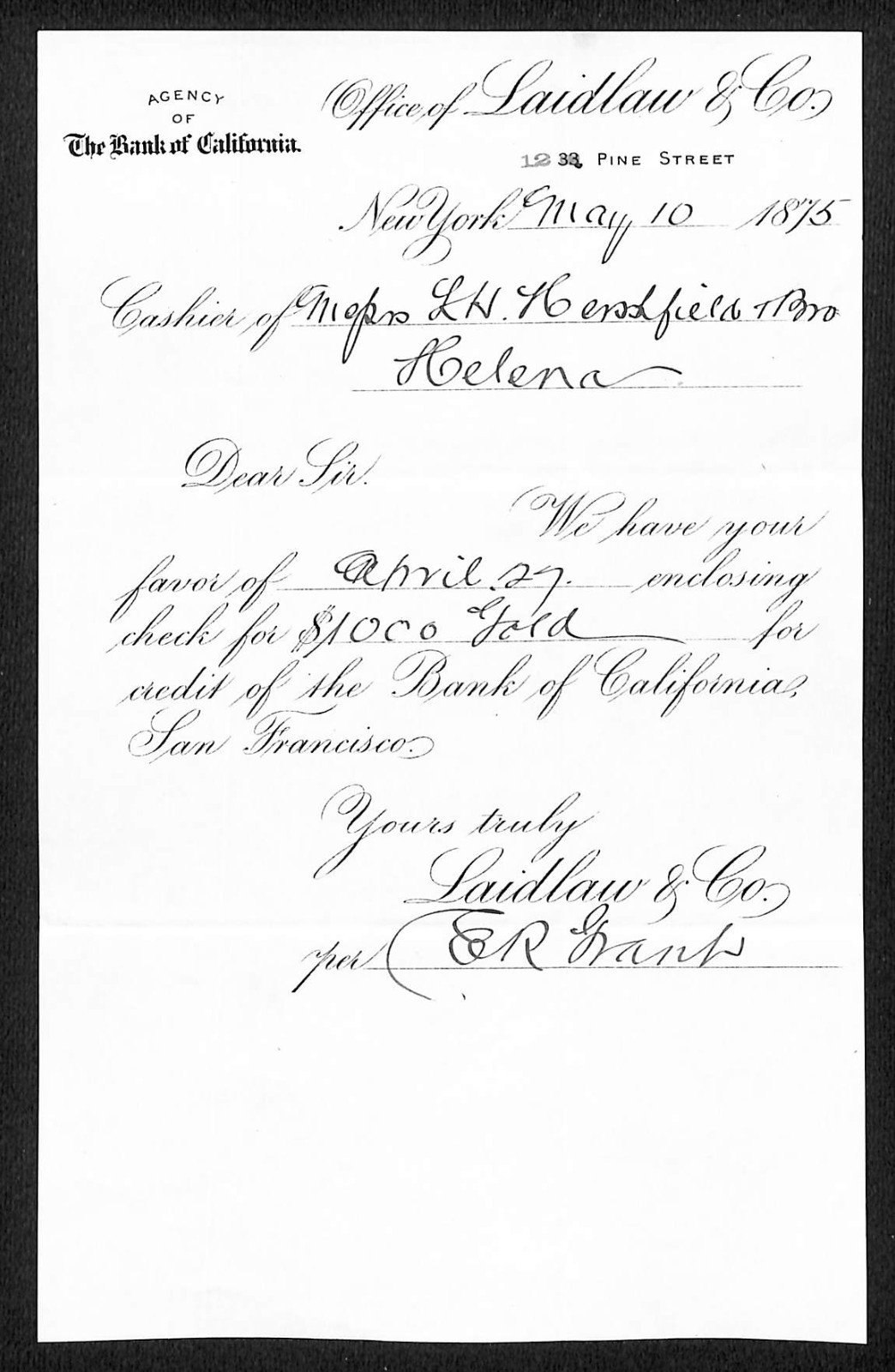 Laidlaw & Co NYC 1875 Payment Notice L.H. Hershfield* Helena “$1,000 Gold” (#7)