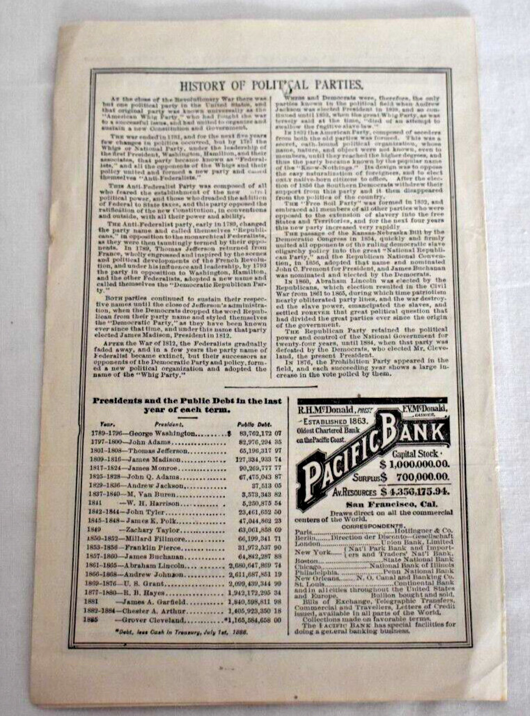 Antique 1888 PACIFIC BANK – San Francisco CA. Ad Statement July 1 for Voters