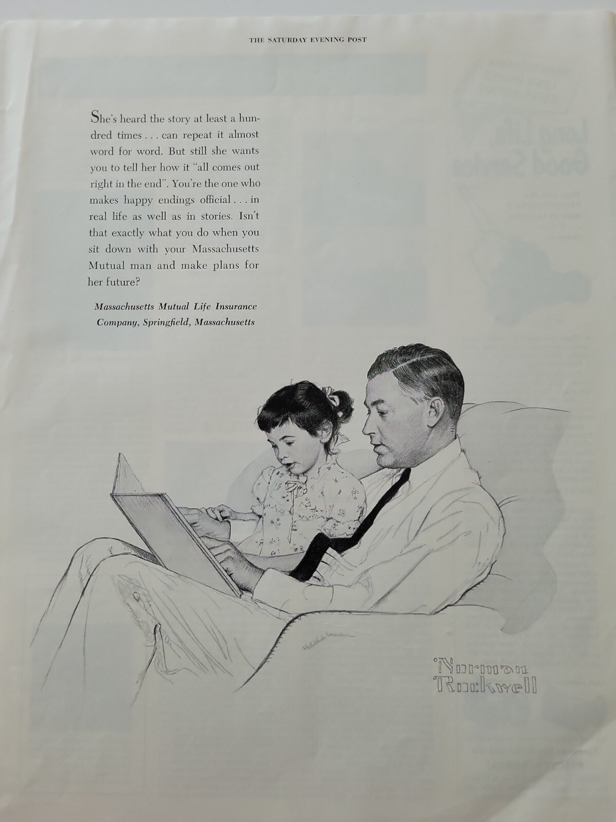 1950s Massachusetts Mutual Life Insurance Norman Rockwell reading book ad