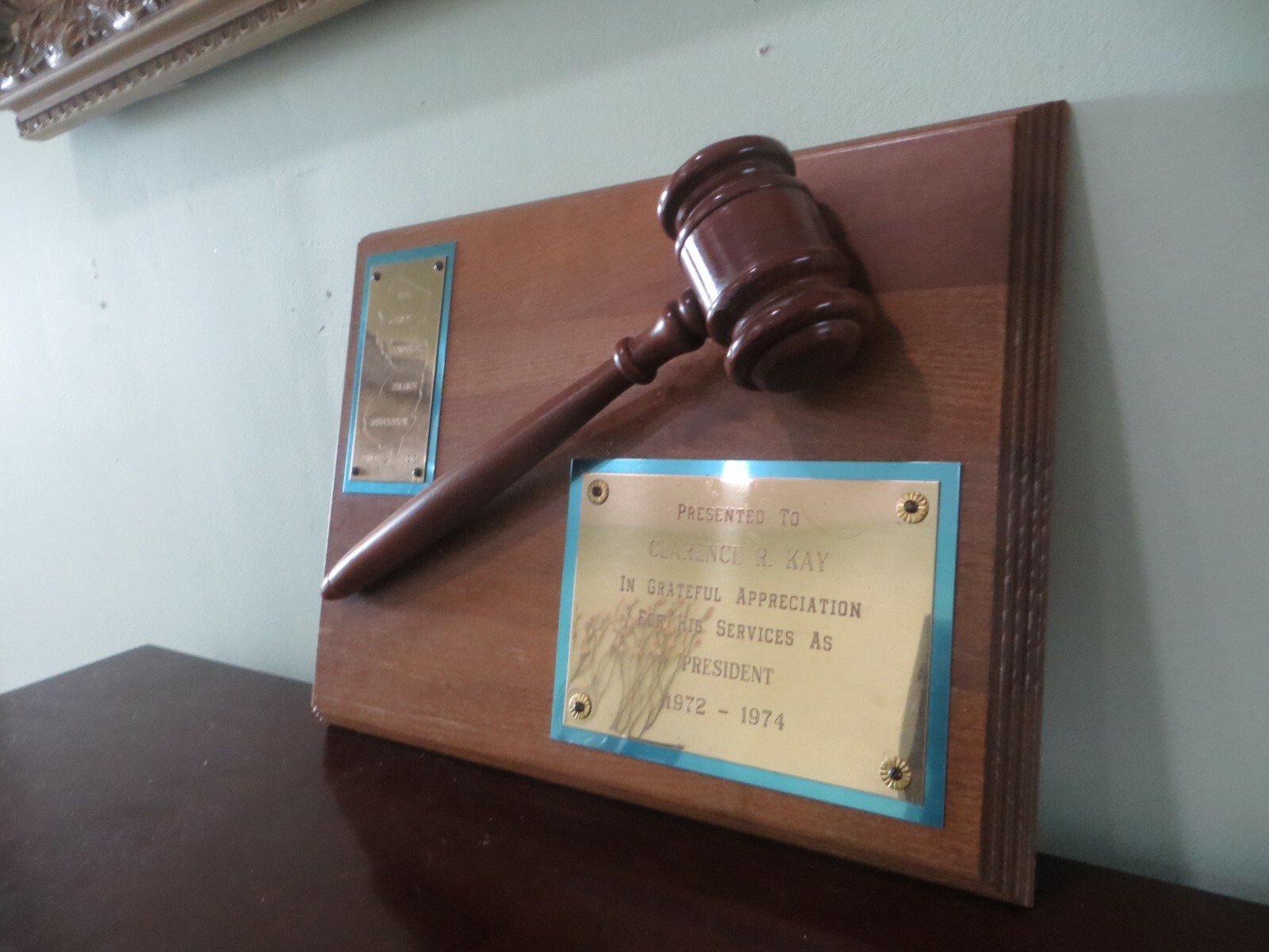 NJ CONSUMER FINANCE ASSOC. PRESENTED TO CLARENCE KAY PRES. 1972-74 GAVEL AWARD