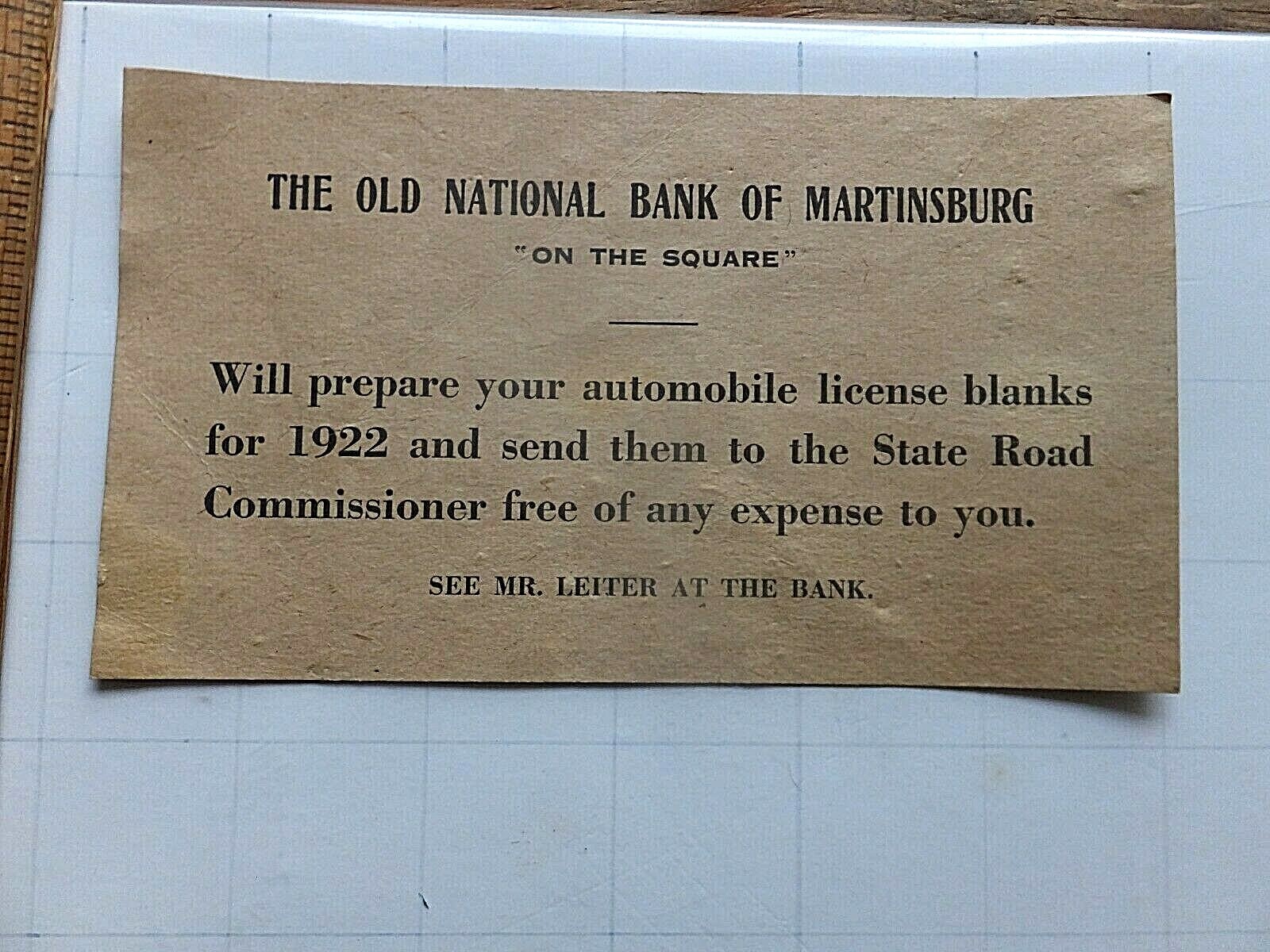 Old National Bank of Martinsburg will Prepare Your 1922 Auto License. Small ad.
