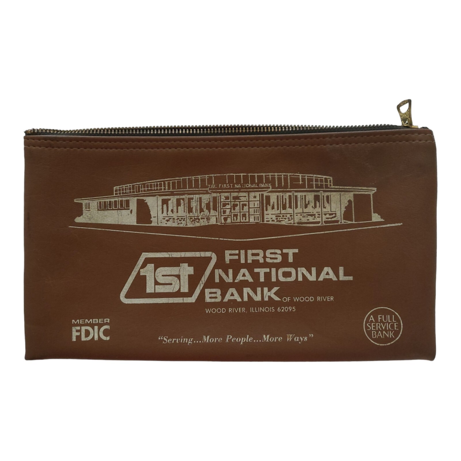 VTG First National Bank Of Wood River IL Brown Vinyl Zipper Deposit Bag