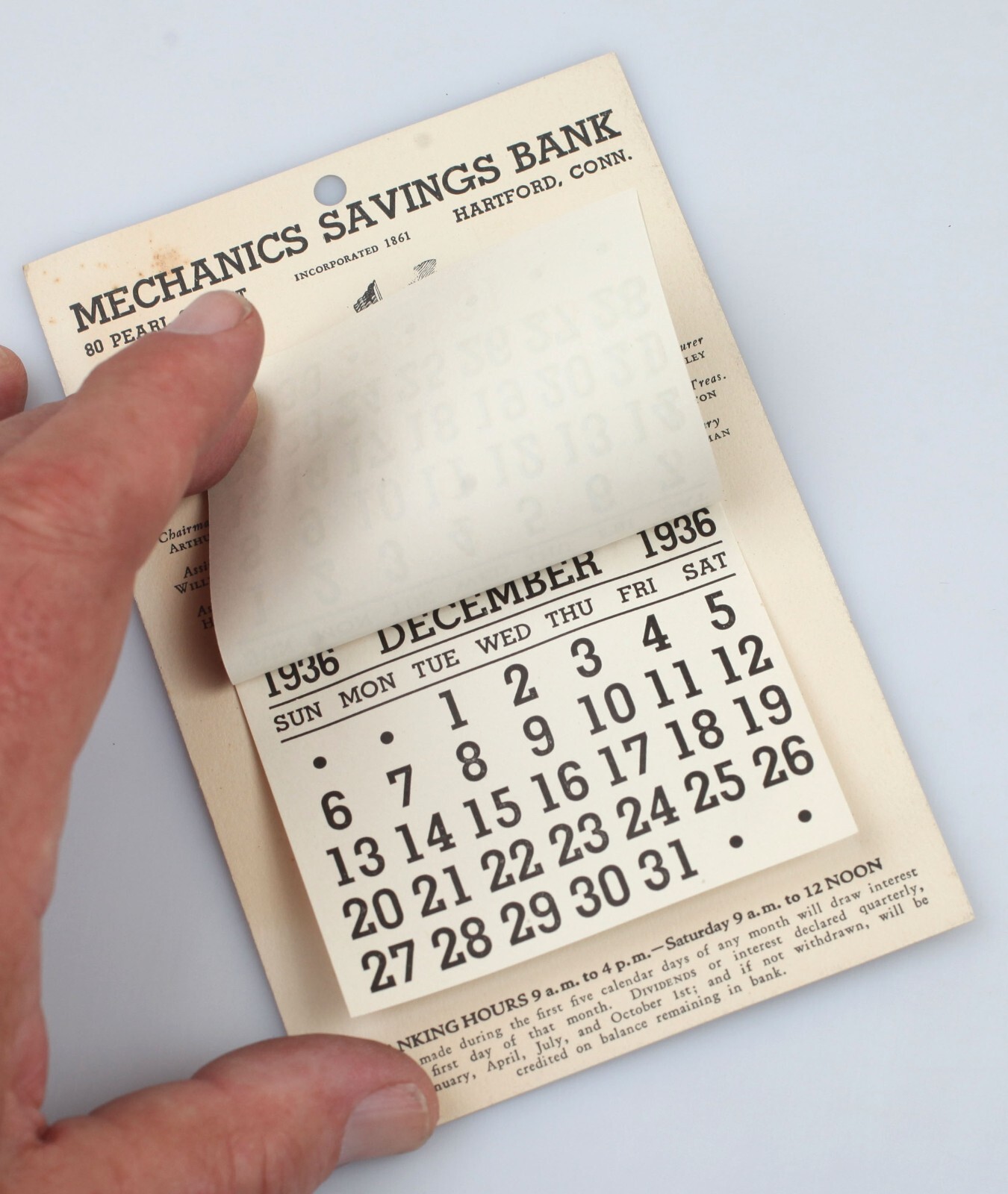 Small Vintage 1936 Mechanics Savings Bank Calendar Hartford Connecticut