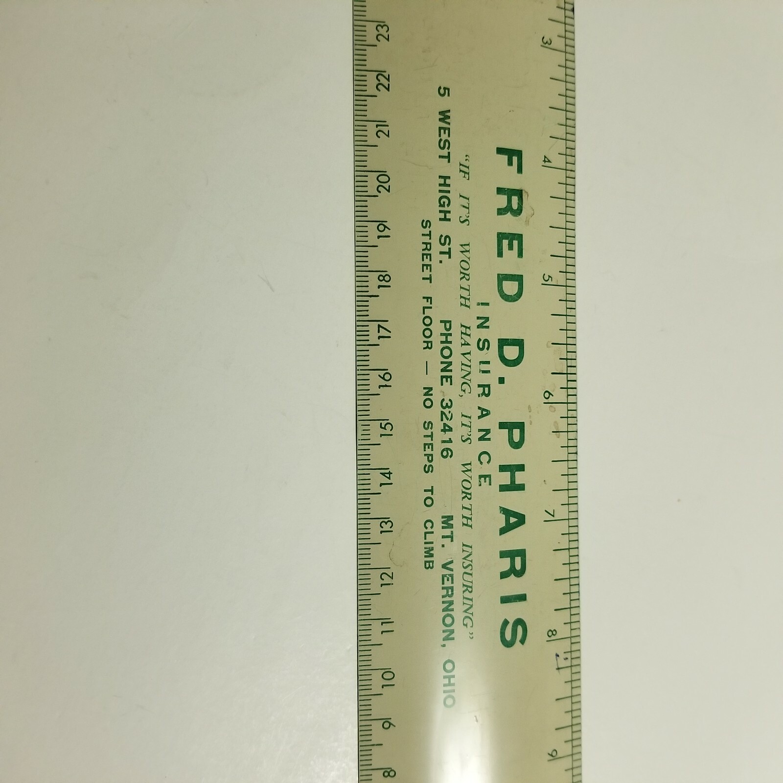 Metal ruler Fred D Pharis Insurance vintage advertising Mt Vernon Ohio OH 1950s