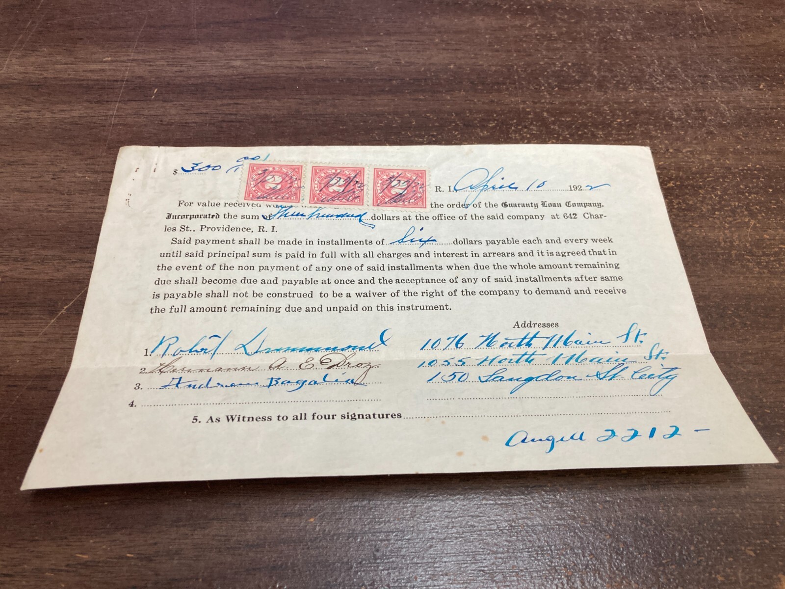 USA 1922 PROVIDENCE ISSUED PROMISSARY NOTE DOCUMENTARY STAMPS ATTACHED D294