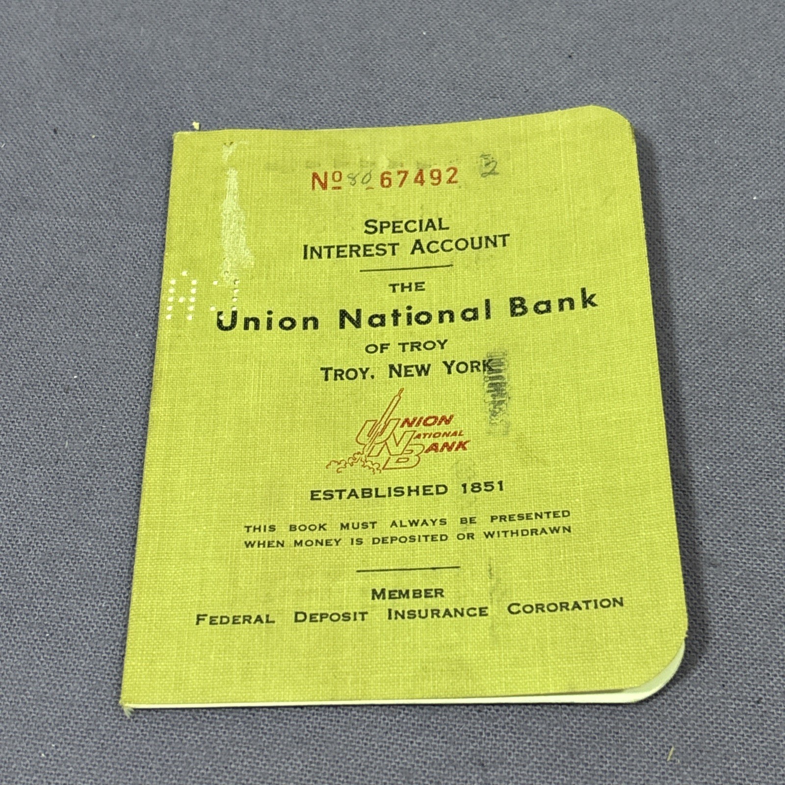 1968 The Union National Bank Of Troy New York Special Interest Account Bank Book