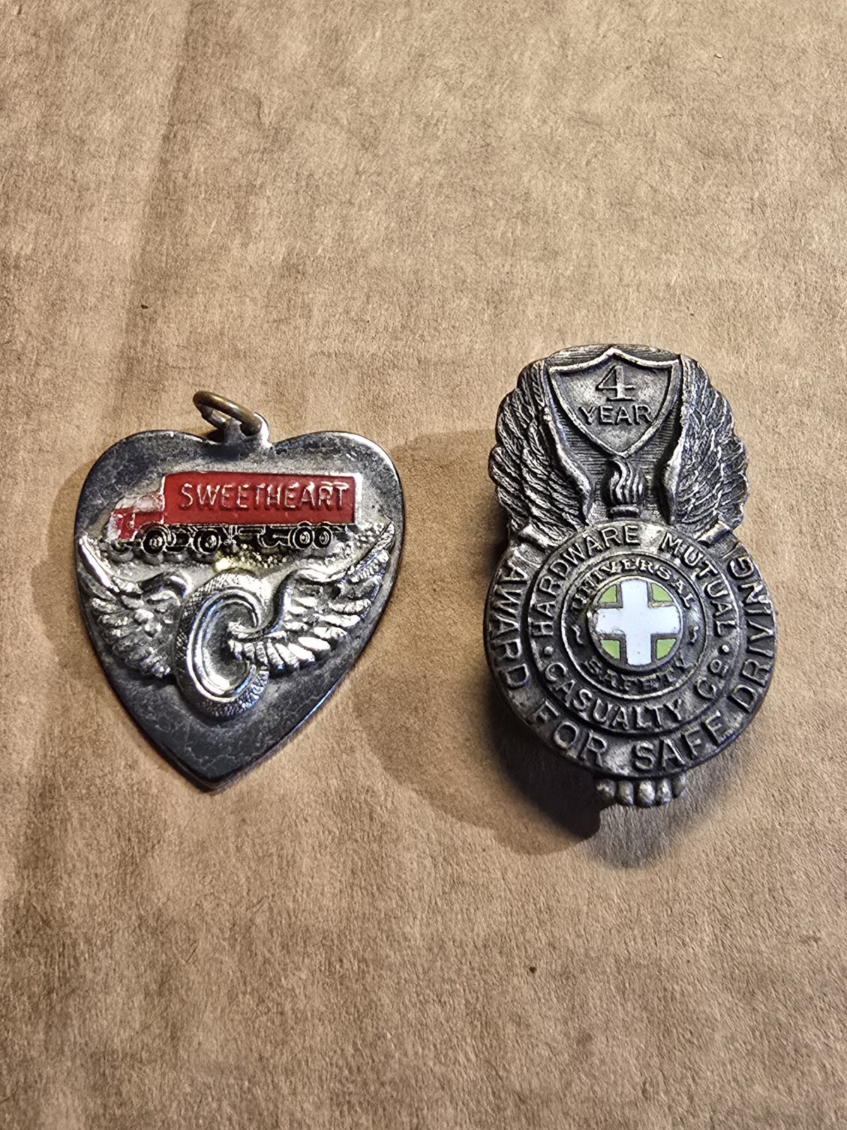 Vintage Hardware Mutual Safe Driving Award 4 Years Pin And Sweetheart Pendant.