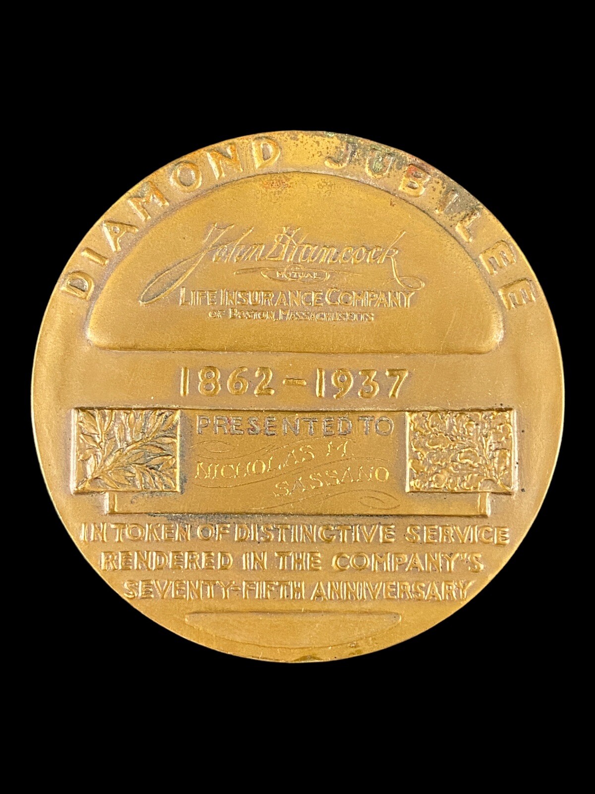 John Hancock Life Insurance Co Boston 1973 Bronze Medal Nicholas M. Sassano