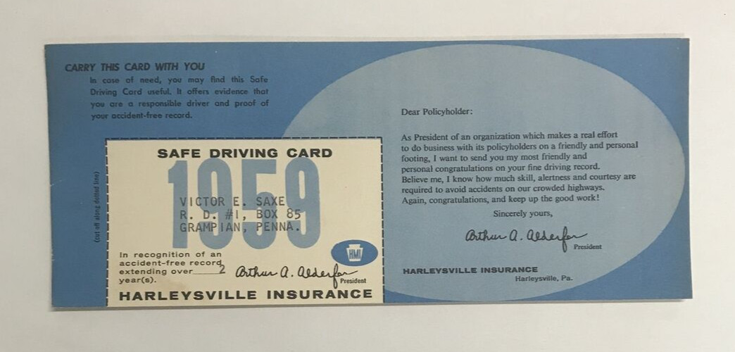 SAFE DRIVING CARD-HARLEYSVILLE INSURANCE-VINTAGE-1959