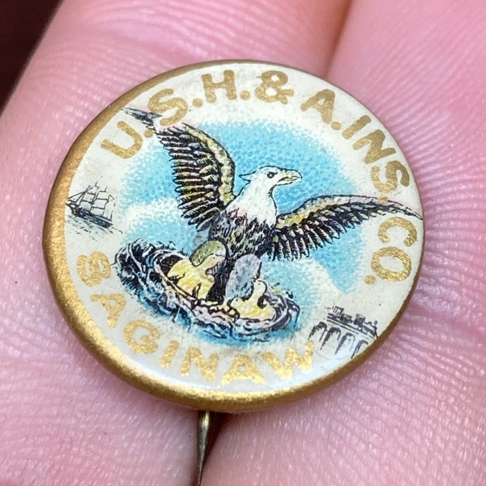 US H&A INSURANCE CO SAGINAW MICHIGAN RARE Antique Celluloid Button Pin