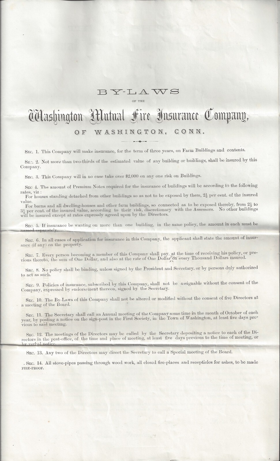 WASHINGTON, CT ~ MUTUAL FIRE INSURANCE CO. INSURES PROPERTY IN NO. BRANFORD 1882