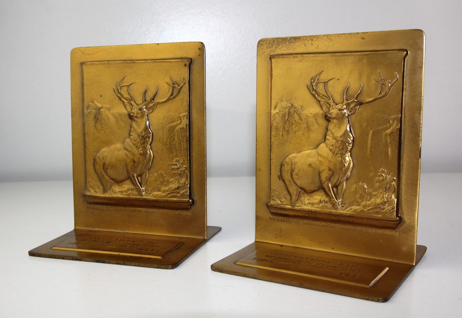 1935 Pair Hartford Fire Insurance Co Elk Stag Brass Bookends Bastian Bros Co NY