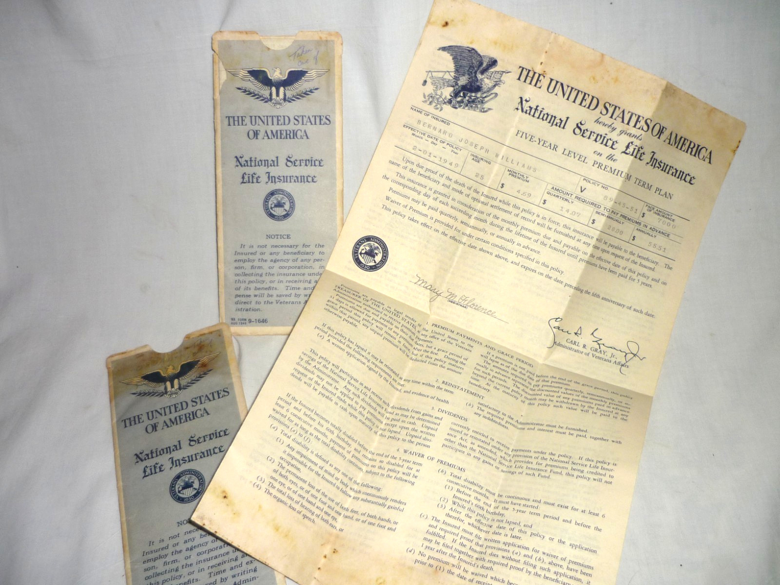 1948 / 1949 United States of America National Service Life Insurance Policy