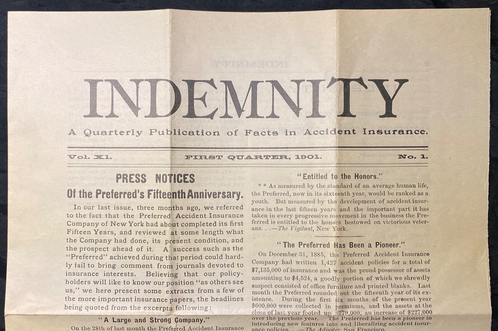 1901 **INDEMNITY** (QUARTERLY PUBLICATION OF FACTS IN ACCIDENT INSURANCE! RARE!