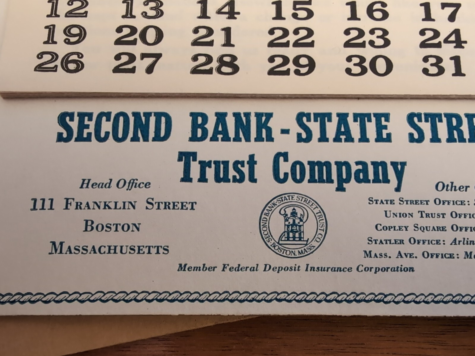 Second Bank-State Street 1959 Calendar TOPAZ Newbury Massachusetts Near Mint