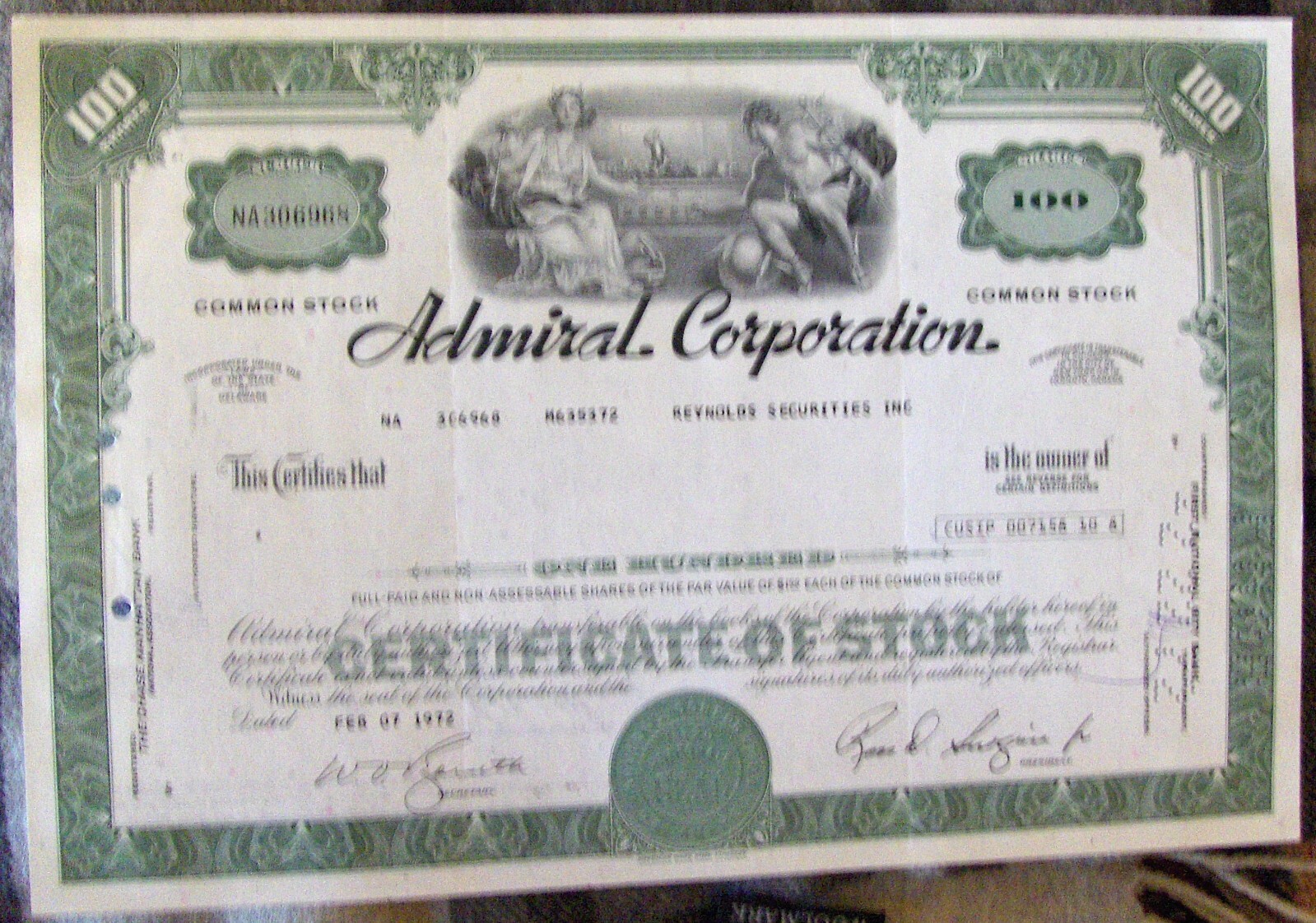 Admiral Corporation stock certificate Payee REYNOLDS SECURITIES & Inc 1972.