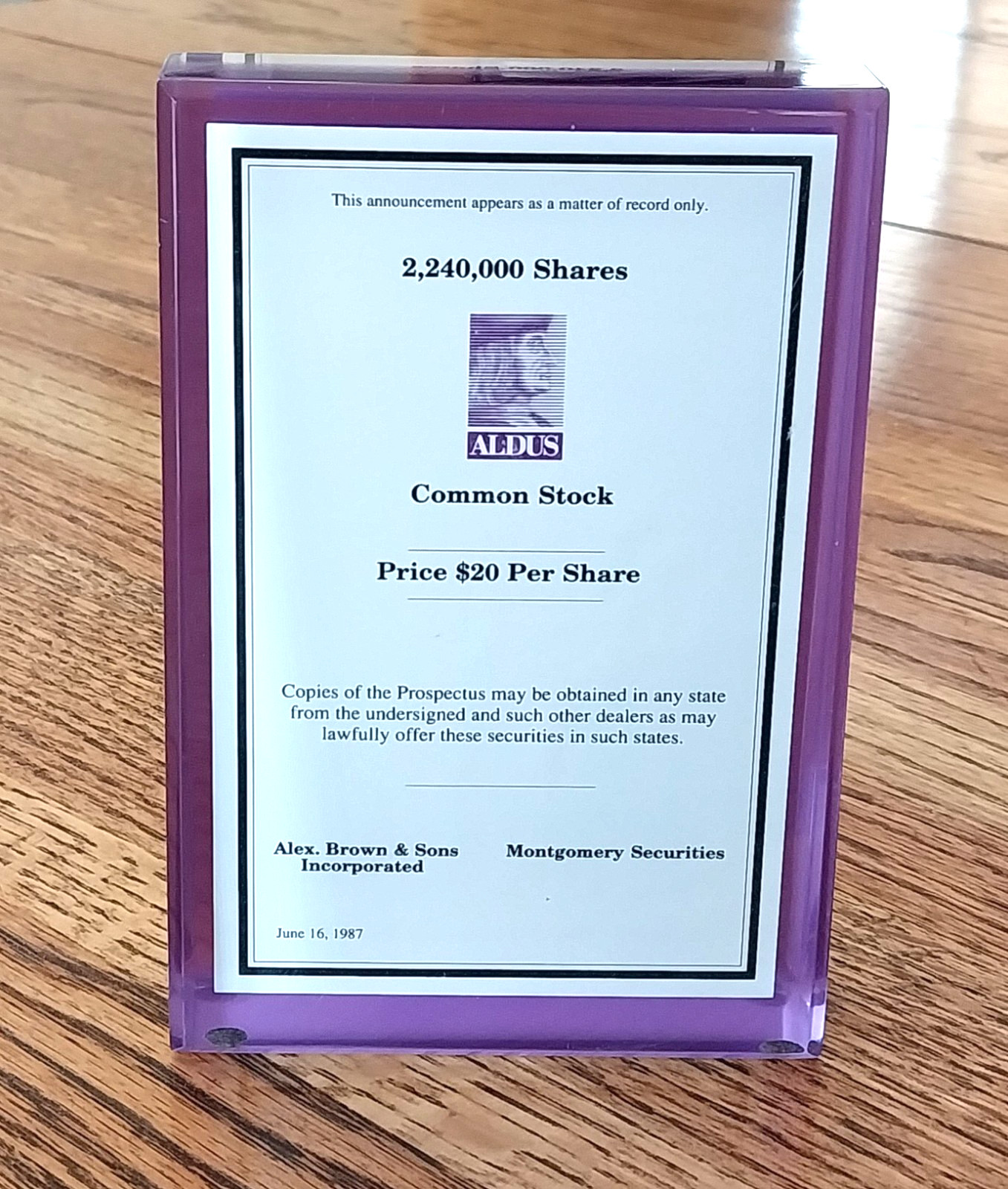 Lucite Financial Tombstone Aldus IPO 1987