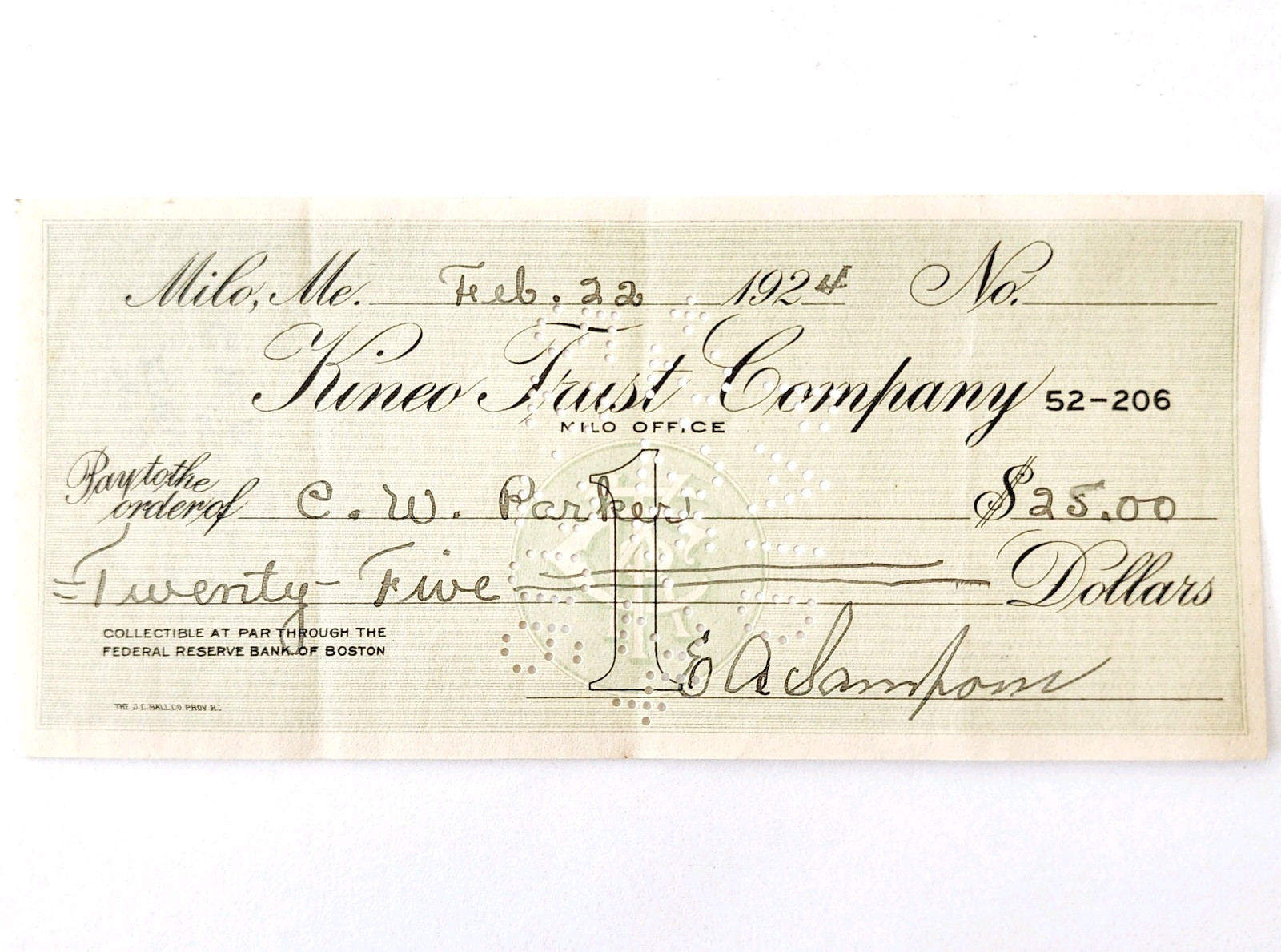 1924 Kineo Trust Company Bank Check E.A. Sampson Milo Maine Signed Feb 22 CHX4