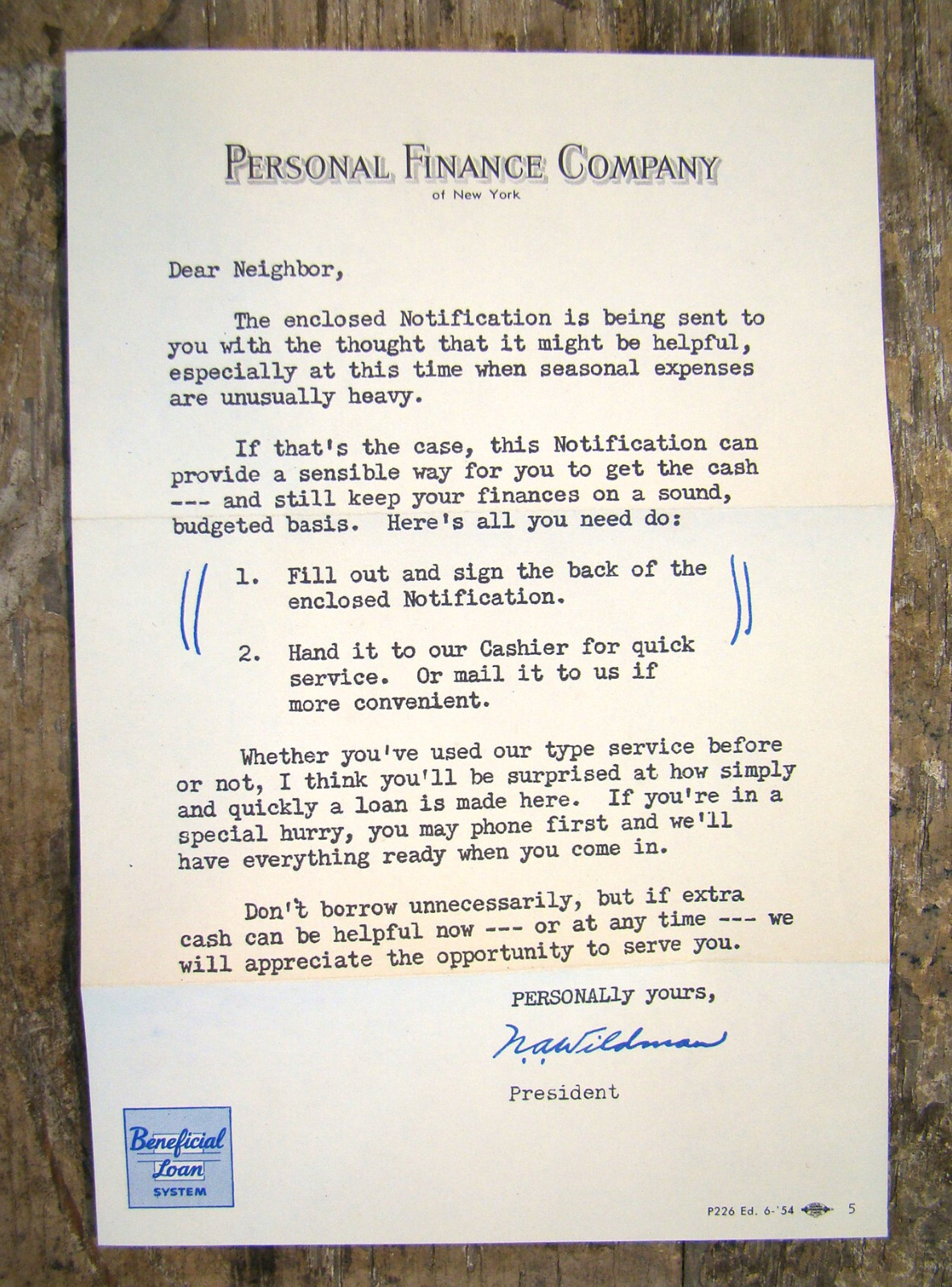 Personal Finance Company ~Vintage Mail Notification~ Beneficial Loan System