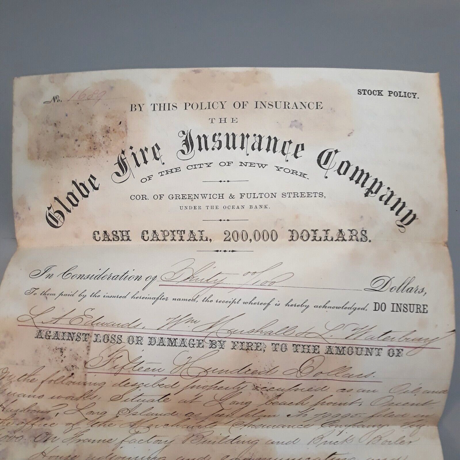 1863 Globe Fire Insurance Company Stock Policy NYC Cor. Greenwich & Fulton Sts
