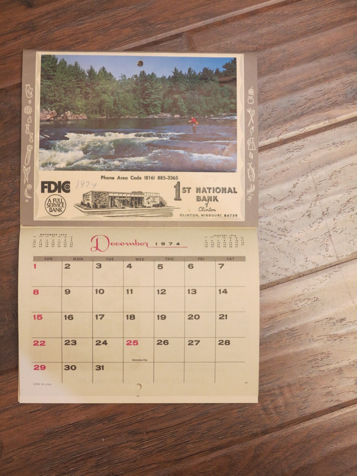 Original 1974 Advertising Wall Calander, 1st National Bank, Clinton Missouri