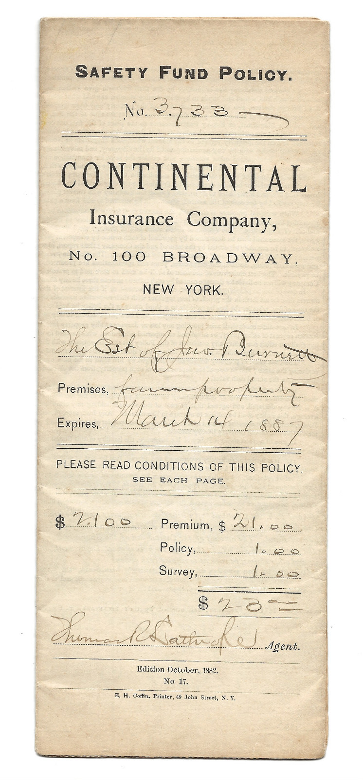 1883 Continental Insurance Co. Policy – New York / Carbondale PA Agriculture