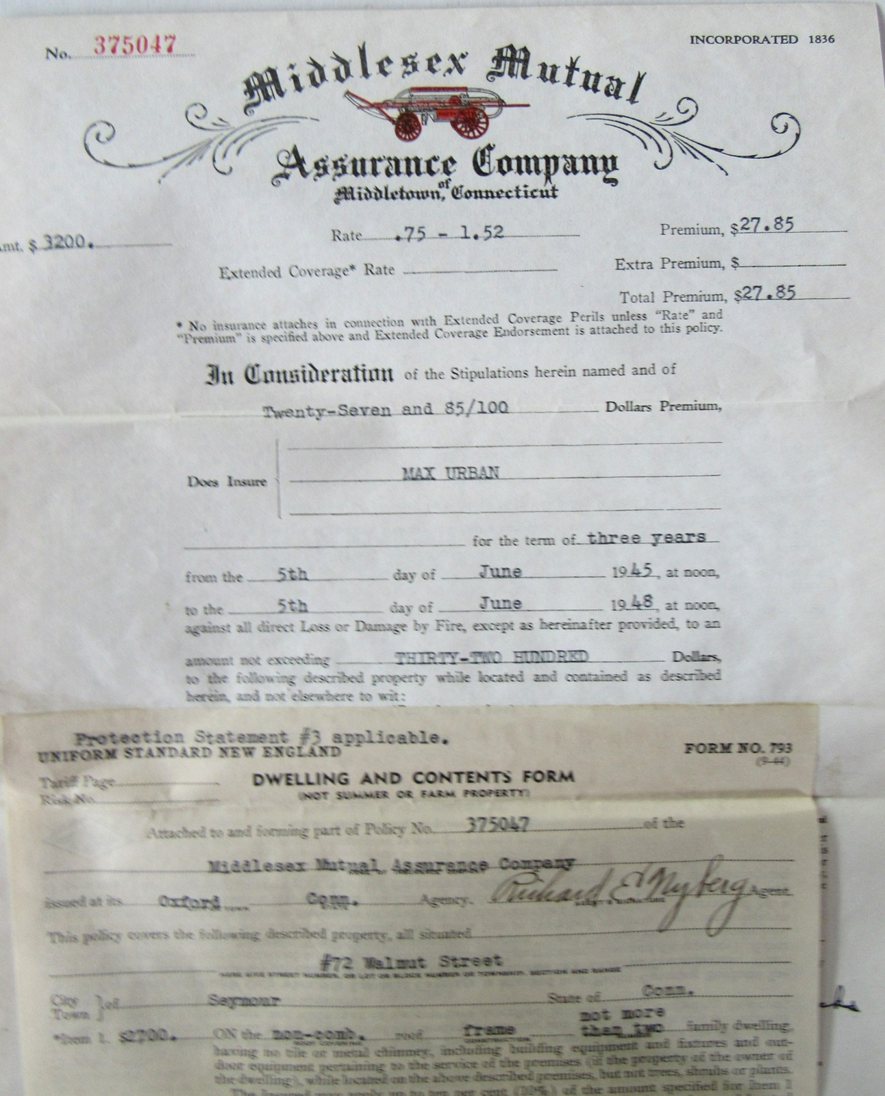 1940’s Middlesex Mutual Policy Lot Middletown CT Urban Seymour Barn Dwelling US