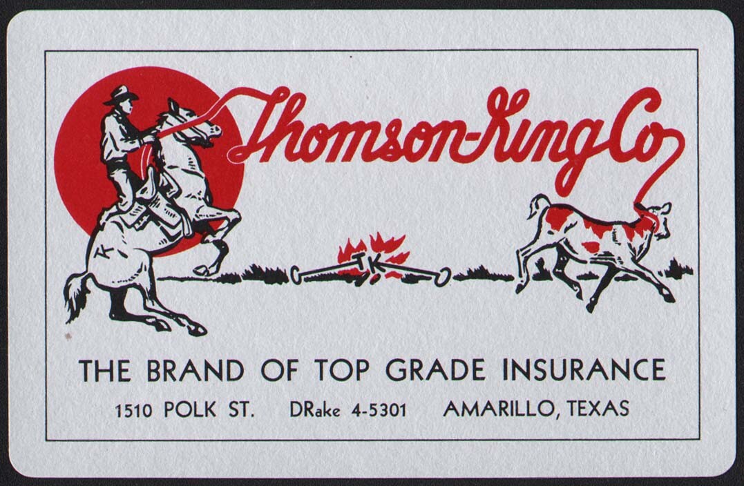 Vintage single playing card THOMSON KING CO insurance calf roping Amarillo Texas