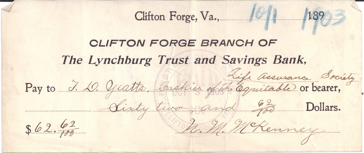 1903 Clifton Forge Branch Lynchburg Trust and Savings Bank T D. Yeatts Cashier