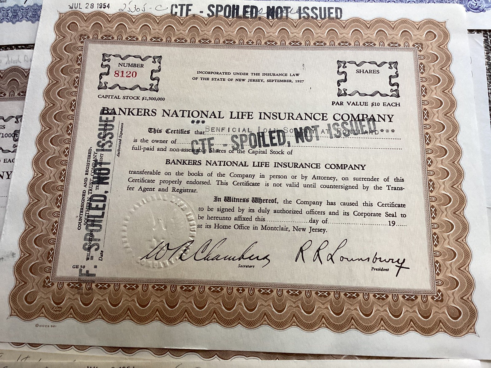 Vintage Lot of 100 :Bankers National Life Insurance CO. Certificates (Cancelled)