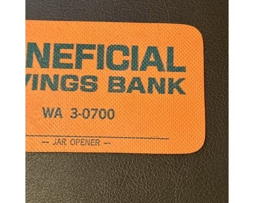 Beneficial Savings Bank Jar Opener Orange Green WA 3-0700 1970s Rubber Promo