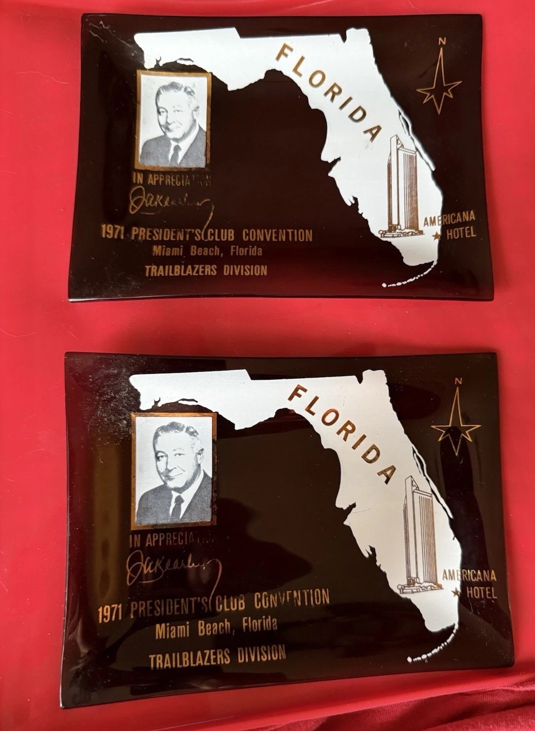 1971 President’s Club Convention Glass Plaques-Pair-Americana Hotel Miami Beach