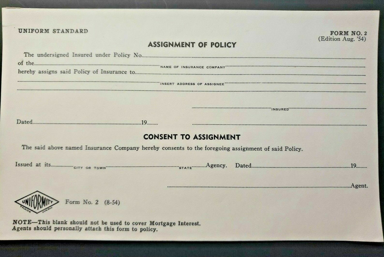 Vintage 1954 Insurance Assignment of Policy Blank Form No 2 New Old Stock