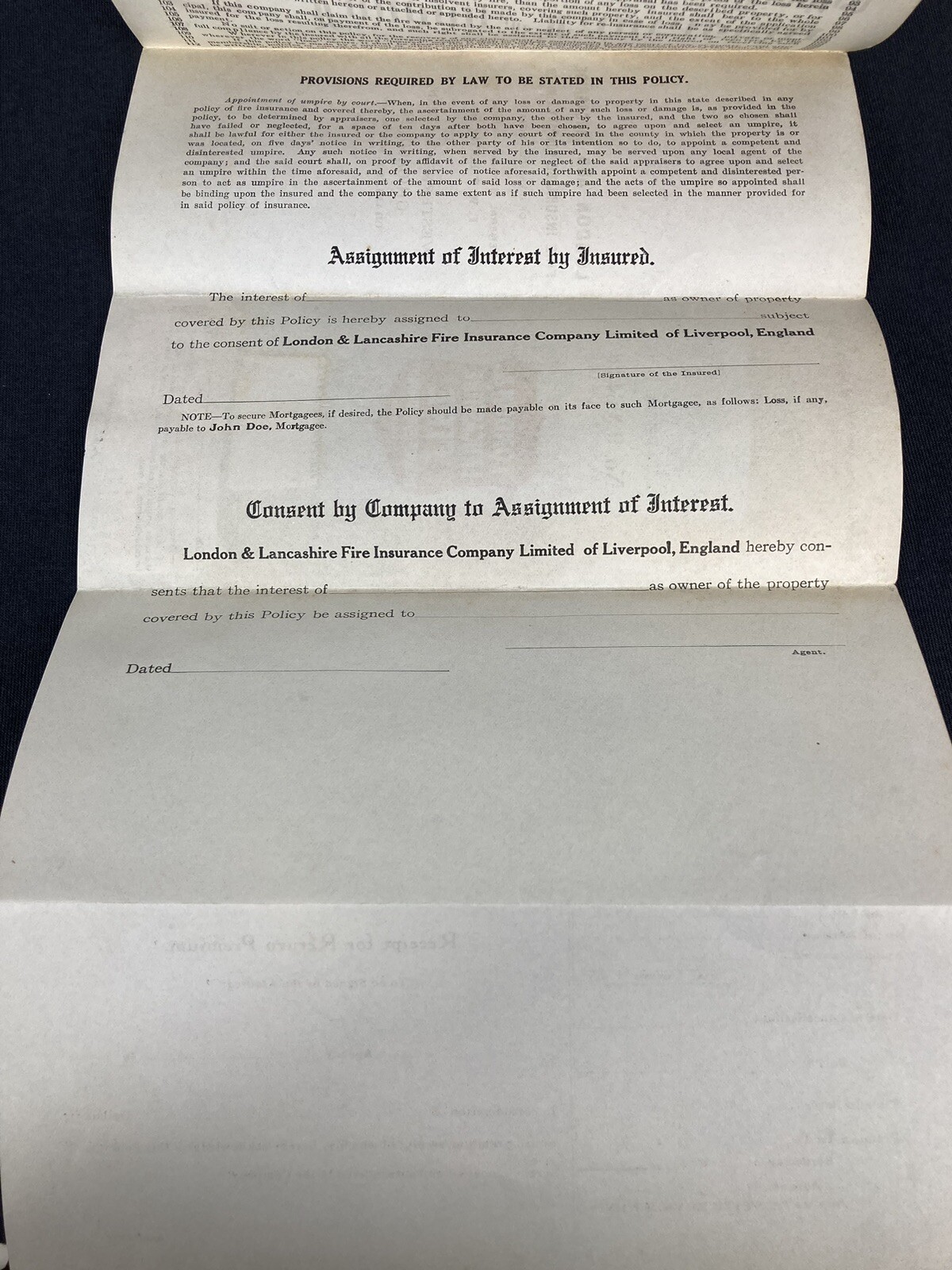 London & Lancashire Fire Insurance Company Policy 1919 Paperwork Brochure