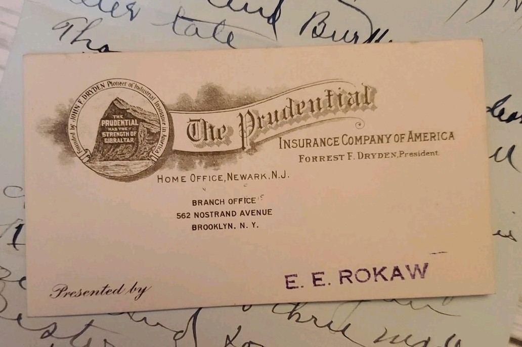 1921 The Prudential Insurance Company Business Card w Letter