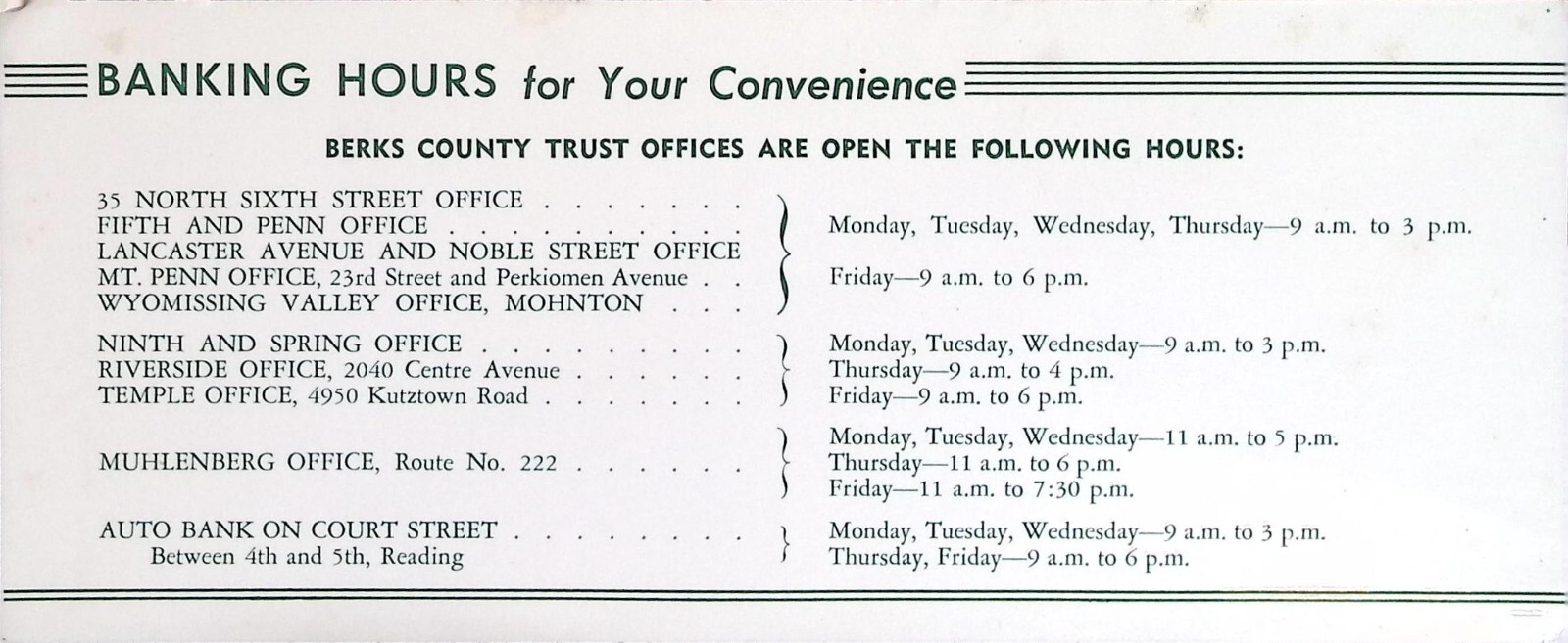 Vintage Berks County Trust Co. Banking Hours Card – Reading, PA Offices