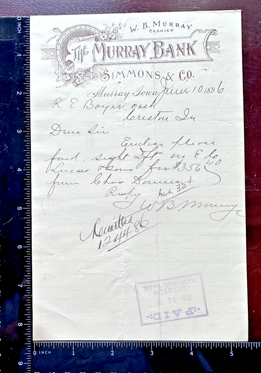 1896 THE MURRAY BANK IOWA IA + CRESTON NAT BANK IA CORRESPONDENCE DOCUMENT FP53