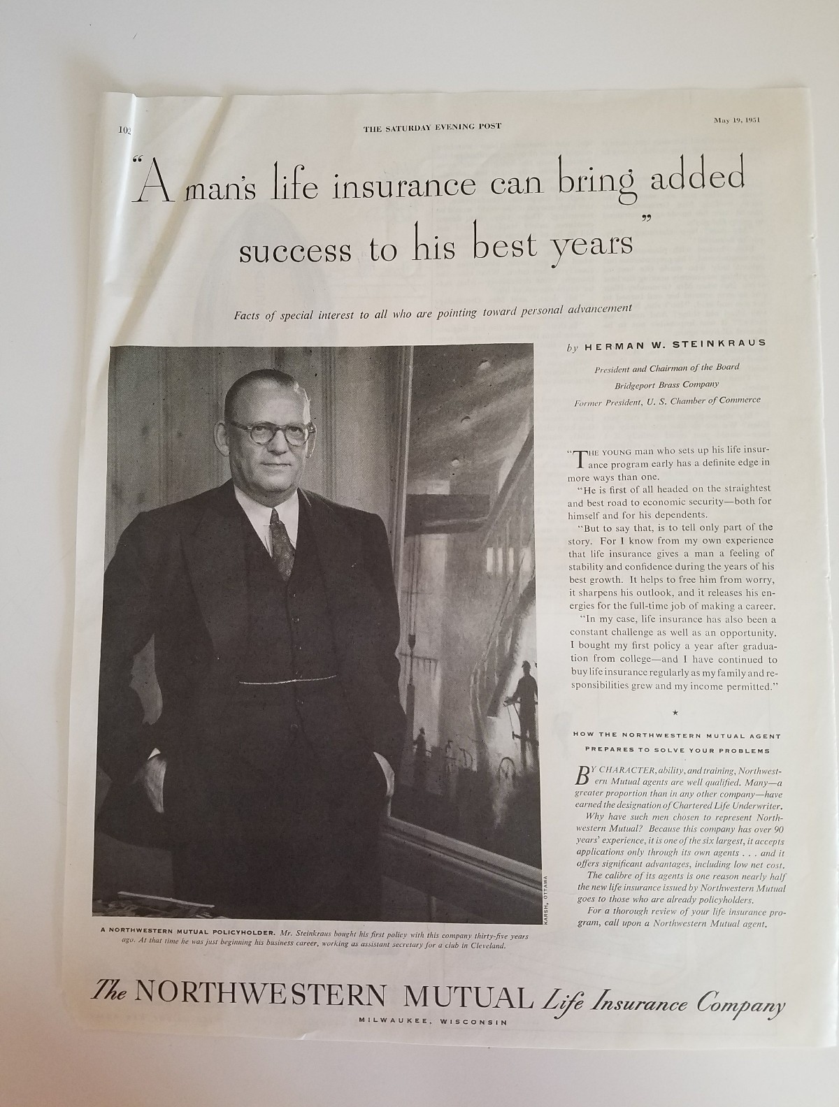 1951 Northwestern Mutual Life Insurance policyholder Mr. Steinkraus success ad