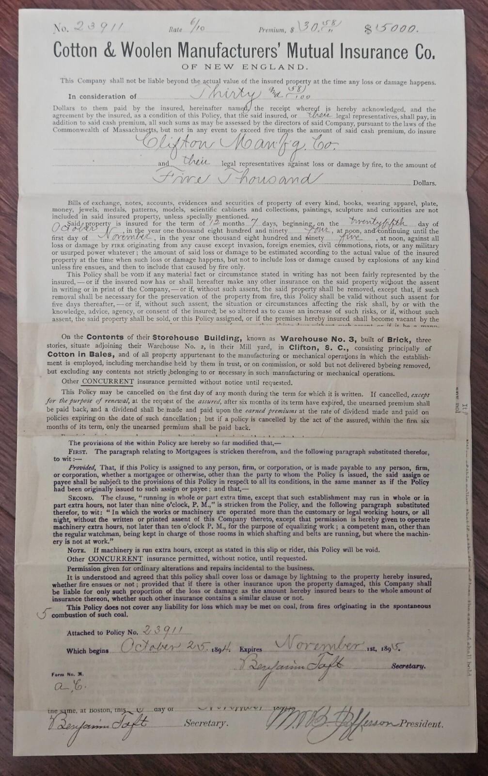 1895 COTTON & WOOLEN MANUFACTURER’S ….. Vintage Insurance Policy