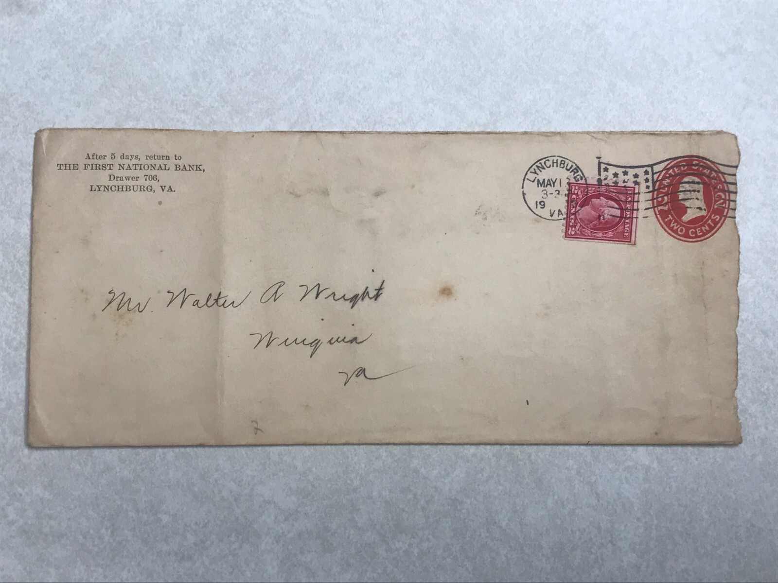SBB135 Bank Envelope Letterhead The First National Bank Lynchburg Virginia 1915
