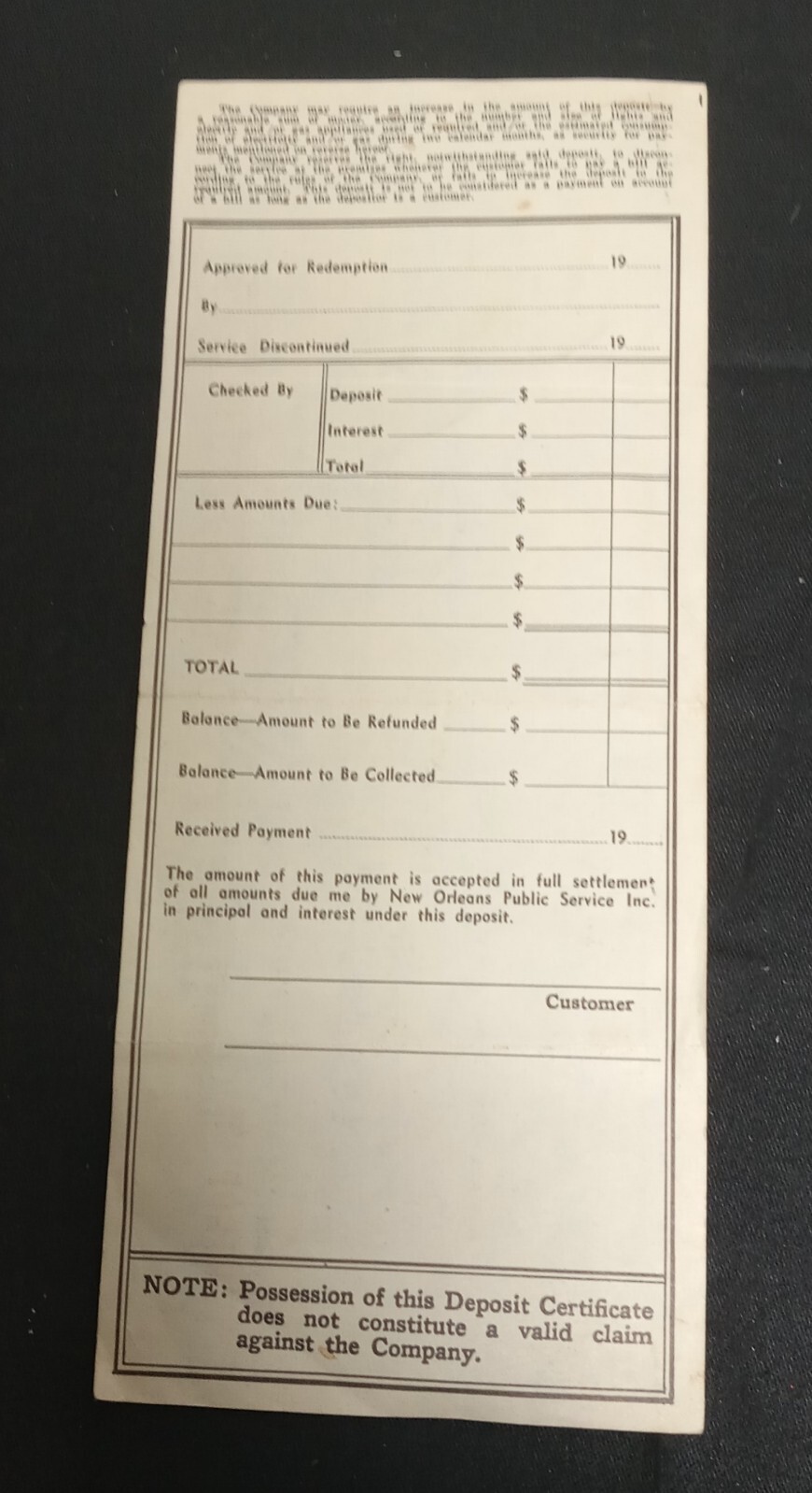 1961 New Orleans Public Service Inc. Utilities Electric Deposit Certificates
