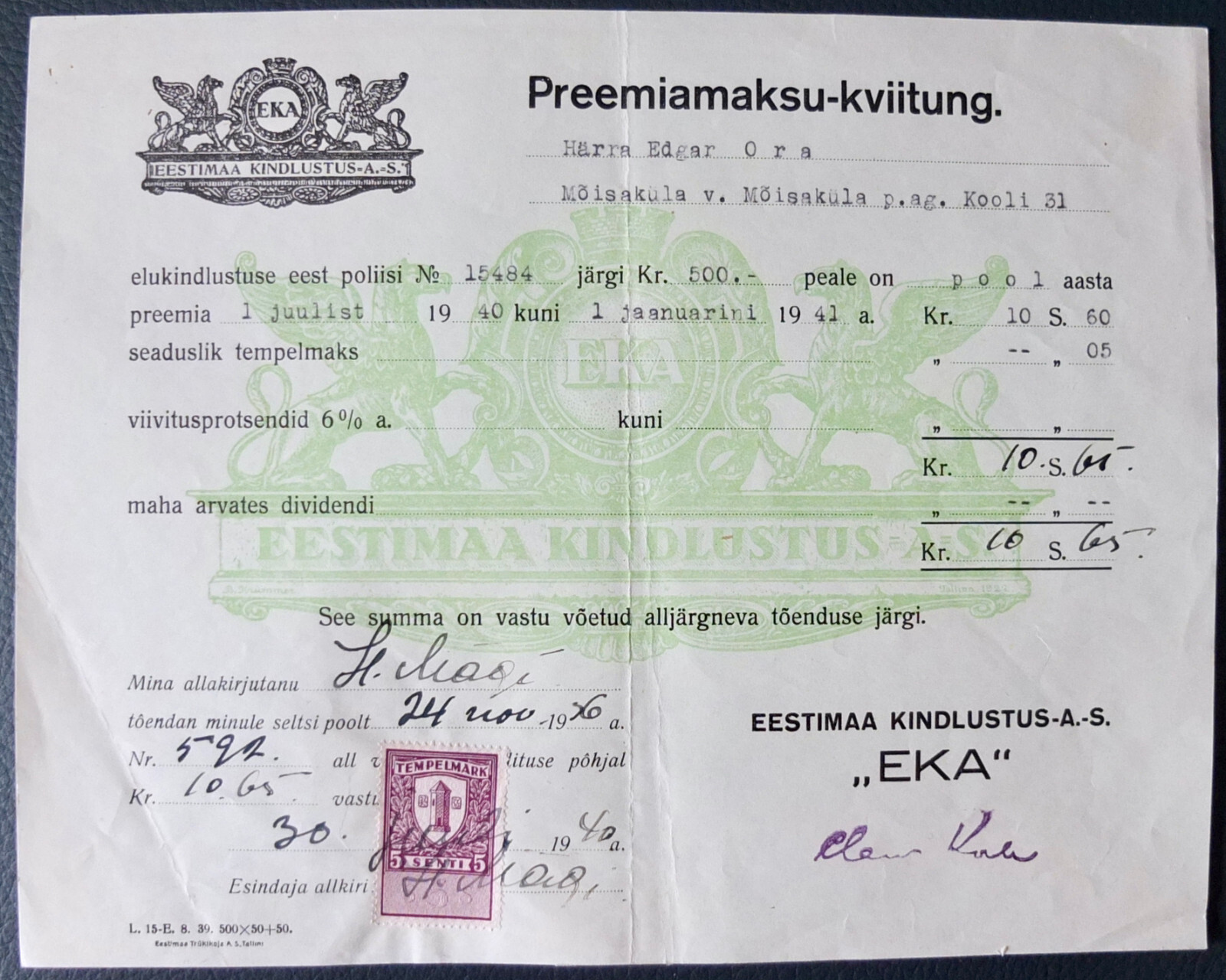 1940 Estonia EKA award tax receipt with revenue
