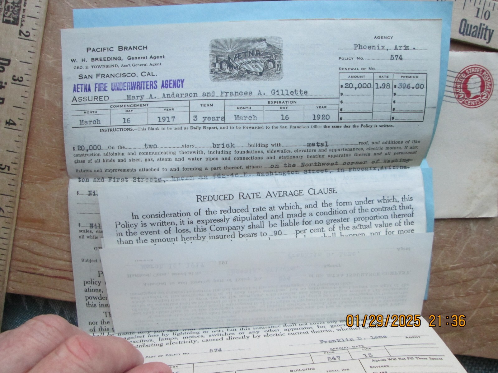 Aetna Homeowners insurance Policy & letter phoenix AZ 1917