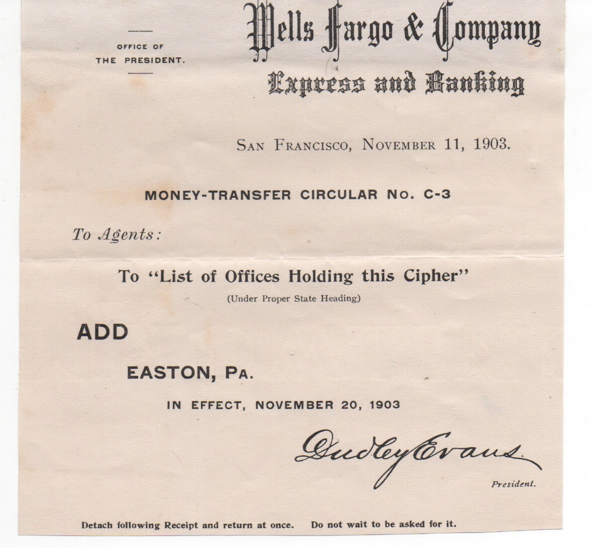 1903 Wells Fargo & Company revision Circular from San Francisco CA