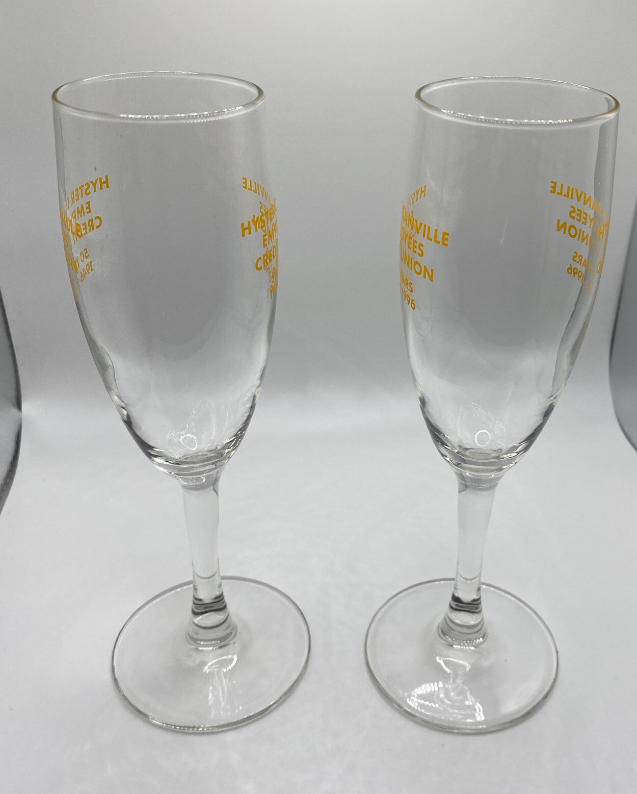2 Hyster Danville Employees Credit Union 50 Years 1946-1996 Flute Glasses