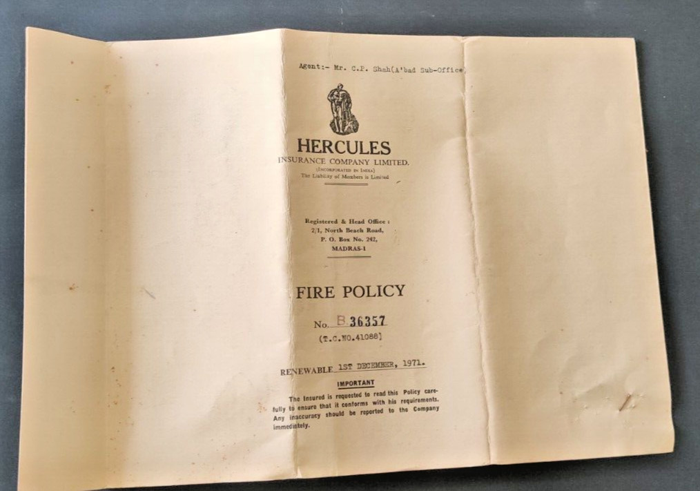 1971HERCULES INSURANCE CO LTD AUTOGRAPH SIGN fire Policy document vignette India