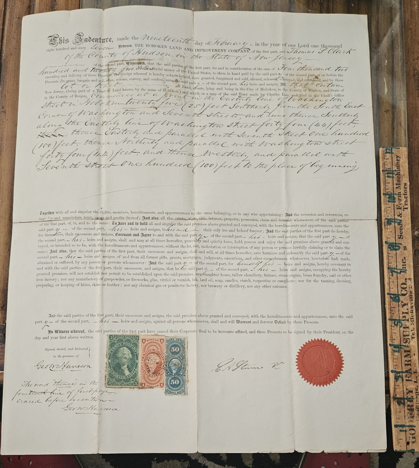 Orig 1867 deed: Hoboken Land Imp. Hudson Co NJ SE cor Washington & 7th Ephemera