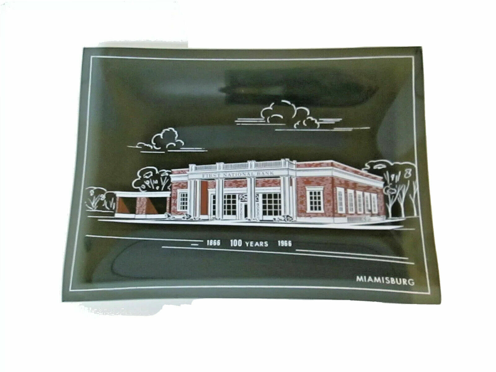 Vintage Black GLASS Dish Tray Ashtray FIRST NATIONAL BANK Miamisburg Ohio 1966