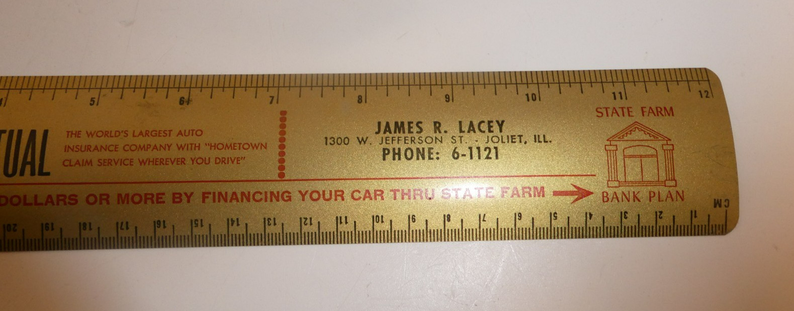 VTG 1950’s Metal State Farm Mutual Bank Plan 12″ Ruler Joliet, IL James R. Lacy